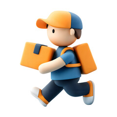 3D Cartoon Delivery Man Running with Package on transparent background for Service Concept