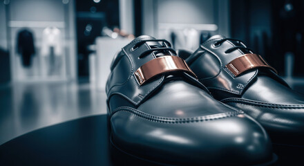 Black Formal Leather Shoes with Brown Buckle in Modern Store Display