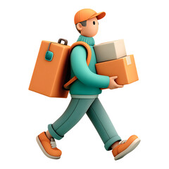 3D Delivery Man Walking with Packages for E-Commerce on a transparent background