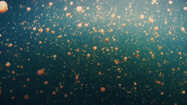 Lake full of jellyfish. Static footage of the jellyfish swimming underwater in the lake. West Papua, Misool, Indonesia