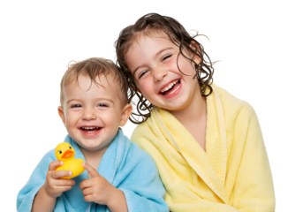 Happy Kids Bathrobes With Rubber Duck Laughing Together