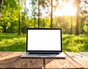 Laptop on Wooden Table in Forest Clearing
