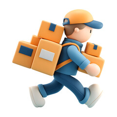 3D Cartoon Delivery Guy Sprinting with Multiple Packages Against transparent background