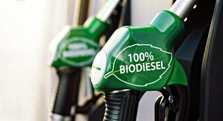 Close Up of Fuel Pump Nozzle with Bold Green  Label with 100 Percent Biodiesel Text Styled as Leaf, Copy Space and Mock Up in Background 