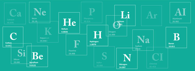 Obraz premium teal background of the chemical elements of the periodic table, atomic number, atomic weight, name and symbol of the element