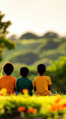 Children Enjoy Storytelling About African Culture in a Sunny Community Garden Filled With Vibrant Flowers and Greenery