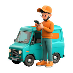3D Delivery Driver Using Phone with Van Isolated on transparent background Illustration