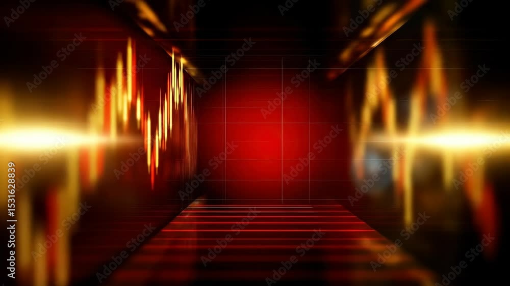 Poster abstract digital background with glowing yellow and red light waves, grid lines, and futuristic tunn