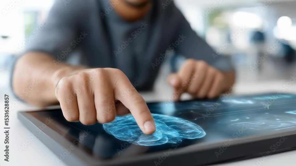 Poster man interacts with digital brain hologram touchscreen device, focusing artificial intelligence, inno