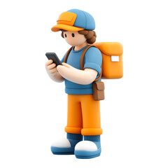 3D delivery man checking his phone, delivery job concept cartoon character illustration