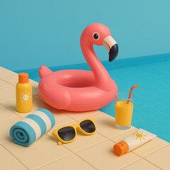 Inflatable pink flamingo float by swimming pool with summer accessories  