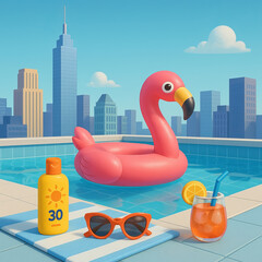 Inflatable flamingo in swimming pool with sunglasses and sunscreen  