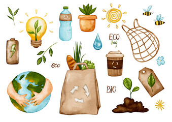 Green energy symbols, alternative energy sources, set of watercolor icons for environmental protection theme. Cartoon watercolor style. Planet in hugs, battery, bulb for plants, recycling sign. Eco-.