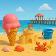 Colorful beach scene with ice cream, sandcastle, and sea creatures  