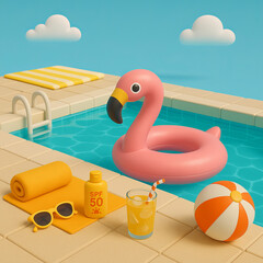Inflatable pink flamingo pool float beside colorful beach accessories  