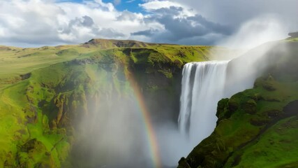 Majestic waterfall cascading down mossy cliffs with a vibrant rainbow forming in the mist on a partly cloudy day. - Powered by Adobe