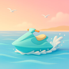 Animated jet ski riding on waves during sunset on the ocean  