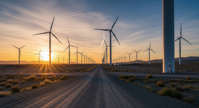 Wind Turbines in Desert Sunset Scene with Clear Sky and Road
