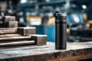 Black insulated water bottle on a metal workbench in a factory