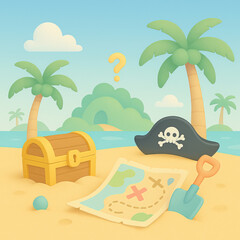 Pirate treasure map and chest with palm trees on sandy beach  