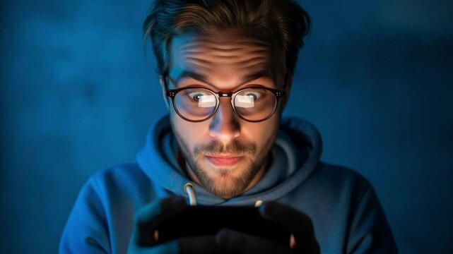 A young man in a blue hoodie is captivated by his smartphone as he reacts with surprise and excitement. The low light creates a dramatic atmosphere enhancing his expression