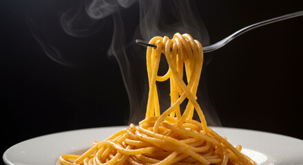 A steaming forkful of cooked spaghetti being lifted from a plate, highlighting warmth, comfort food, and Italian cuisine.