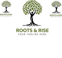 Obraz premium Roots & Rise logo concept — growth-focused design with tree and child elements for nurturing brands.