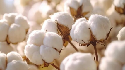Close-up of fluffy white cotton plants featuring natural brown stems and soft, cottony blooms bathed in warm, natural light, creating a serene and organic feel. - Powered by Adobe