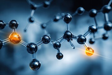Detailed 3D model of molecular structure.  Complex network of atoms and bonds.  Dark,  blue-toned background
