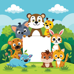 Cute Cartoon Forest Animals with Blank Sign - Adorable Wildlife Characters Holding Empty Board for Text, Ideal for Kids' Content, Educational Materials, or Event Invitations