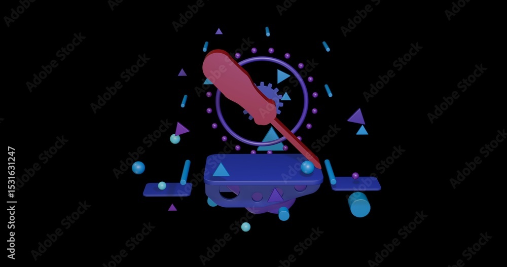 Aufkleber red a screwdriver symbol on a pedestal of abstract geometric shapes floating in the air. abstract co