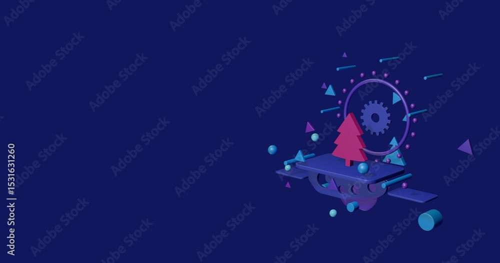 Poster pink fir-tree symbol on a pedestal of abstract geometric shapes floating in the air. abstract concep