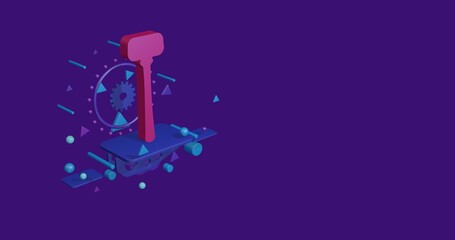Pink mallet symbol on a pedestal of abstract geometric shapes floating in the air. Abstract concept art with flying shapes on the left. 3d illustration on deep purple background