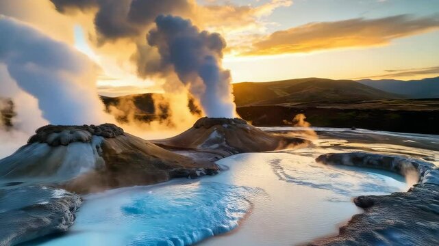 Geothermal hot springs landscape at sunset with steaming fumaroles and mineral deposits in a tranquil valley with golden light and clouds