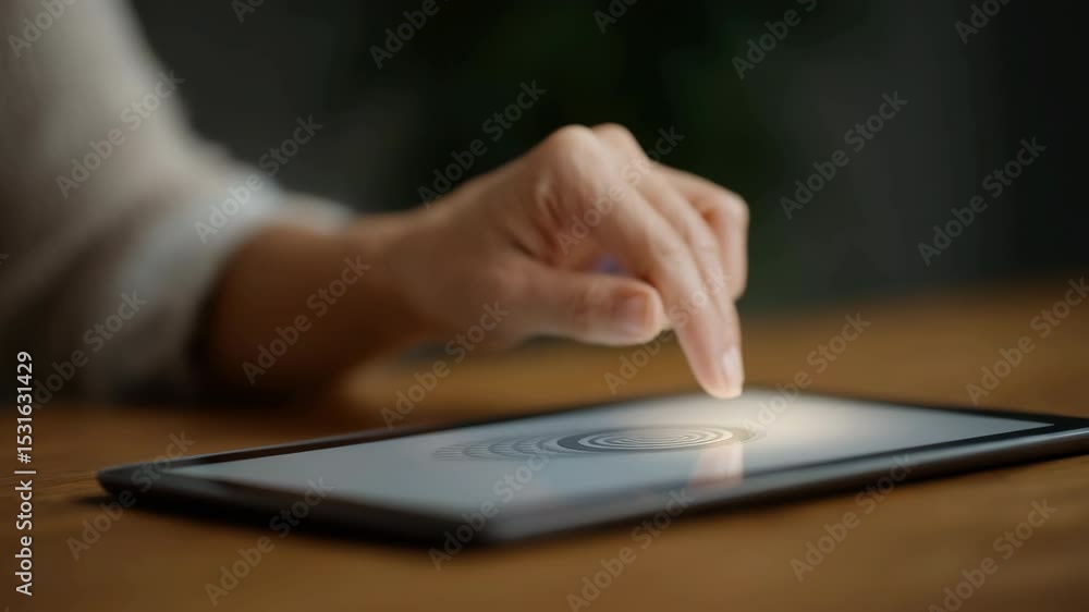 Poster closeup of hand interacting with tablet on wooden surface, showcasing digital technology and user in