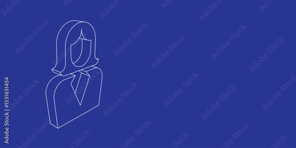 Poster the outline of a large business woman symbol made of white lines on the left. 3d view of the object 