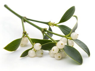Mistletoe sprig with white berries and green leaves isolated on white background
