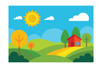 Fototapeta premium Summer Day Rural Landscape Illustration 