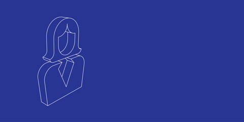 The outline of a large business woman symbol made of white lines on the left. 3D view of the object in perspective. Vector illustration on indigo background