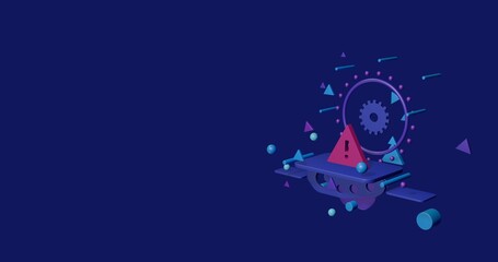 Naklejka premium Pink warning symbol on a pedestal of abstract geometric shapes floating in the air. Abstract concept art with flying shapes on the right. 3d illustration on indigo background