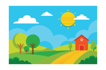 Fototapeta premium Summer Day Rural Landscape Illustration 