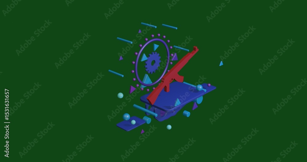 Aufkleber red assault rifle on a pedestal of abstract geometric shapes floating in the air. abstract concept a