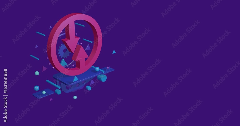 Poster pink advantage of oncoming traffic sign on a pedestal of abstract geometric shapes floating in the a