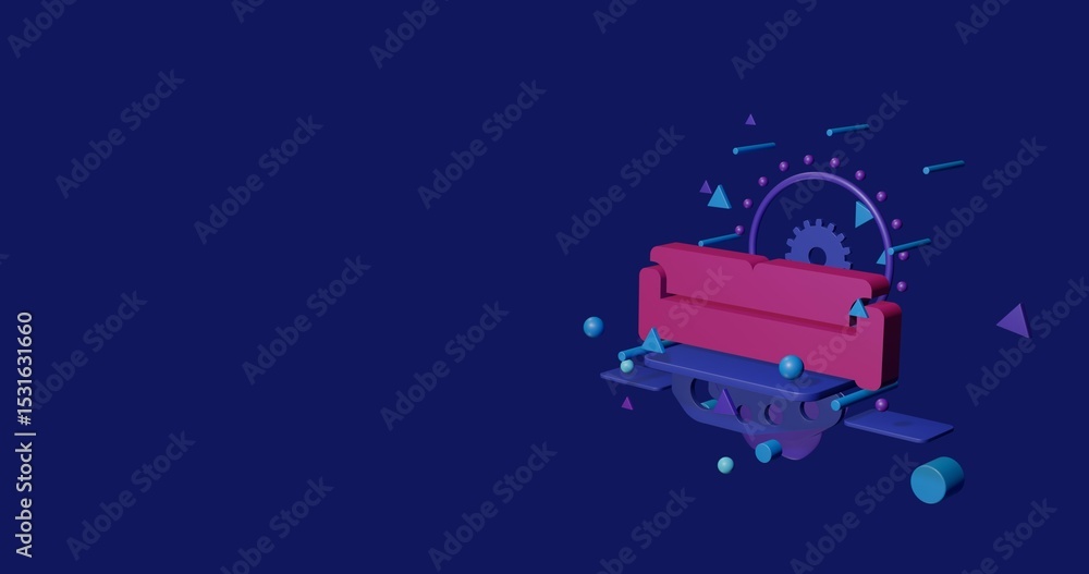 Poster pink sofa symbol on a pedestal of abstract geometric shapes floating in the air. abstract concept ar