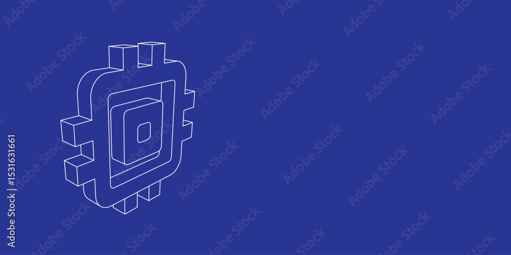 Fototapete The outline of a large chip symbol made of white lines on the left. 3D view of the object in perspective. Vector illustration on indigo background
