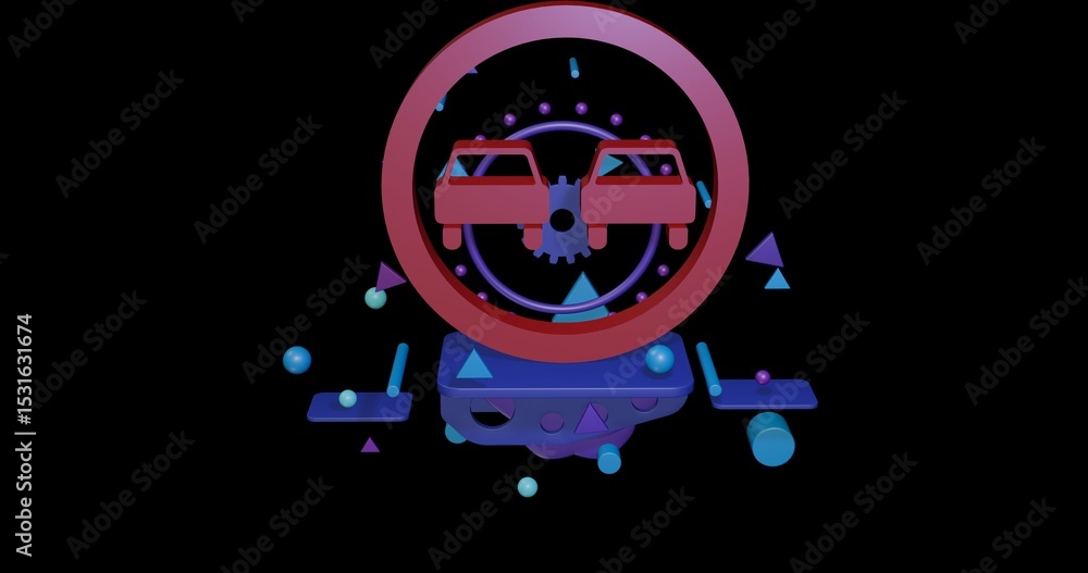 Poster red no overtaking sign on a pedestal of abstract geometric shapes floating in the air. abstract conc
