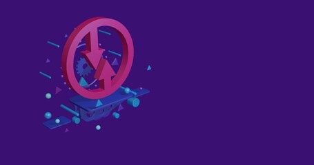 Pink advantage of oncoming traffic sign on a pedestal of abstract geometric shapes floating in the air. Abstract concept art with flying shapes on the left. 3d illustration on deep purple background