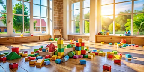 Colorful toys and blocks scattered on a wooden floor in a cozy playroom with large windows letting natural light in
