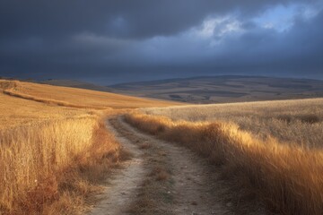 Golden path through a dry, hilly field under a dramatic sky