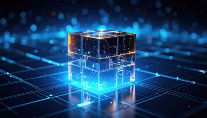 Compact, crystallike cube of light emanates subtle hum, pulsing gently in digital landscape, symbolizing high fidelity and advanced technology